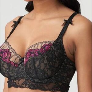 Prima Donna Black Lace Longline Bra with Pink Floral Accents